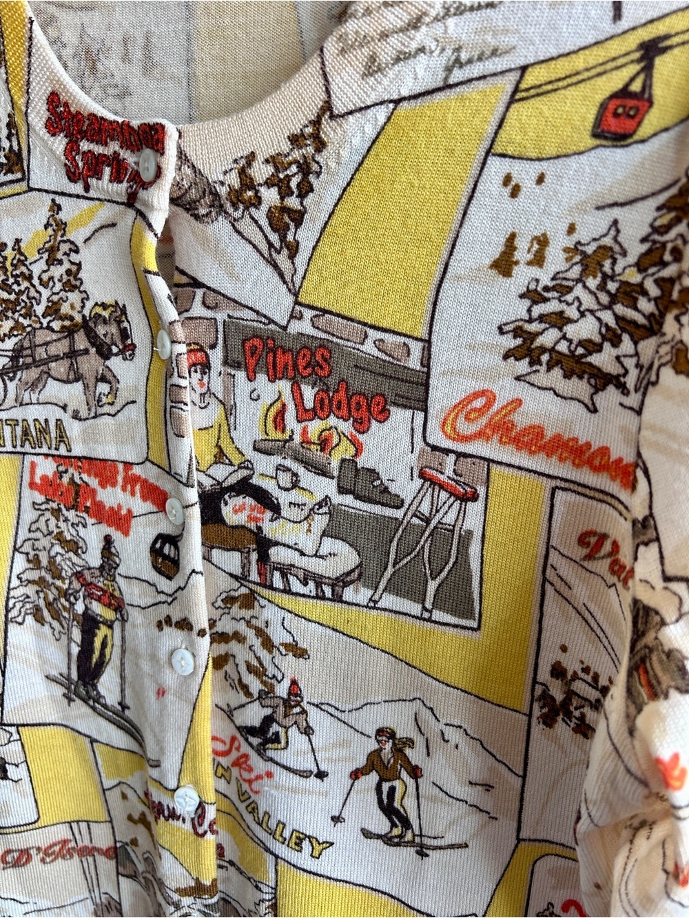 Vintage J Cree Ski Resort Postage Stamp Print Cardigan in Yellow & Cream - Picture 3 of 7